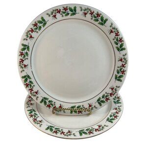 Gibson Holiday Gold Charm Dinner Plates Holly Berries 9 1/2" Lot of 2